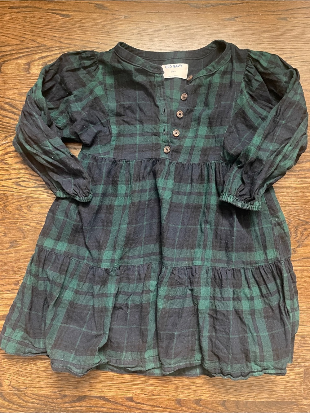 Old Navy Navy, Black & Green Plaid Tiered Flannel Button-Front Dress